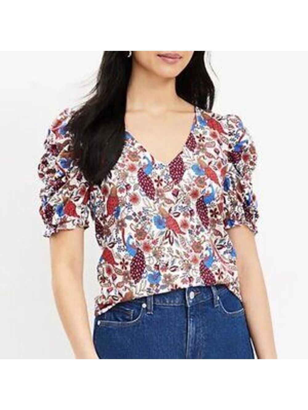 Loft NWT Women's Red Floral V-Neck Ruched Sleeve Blouse Size L